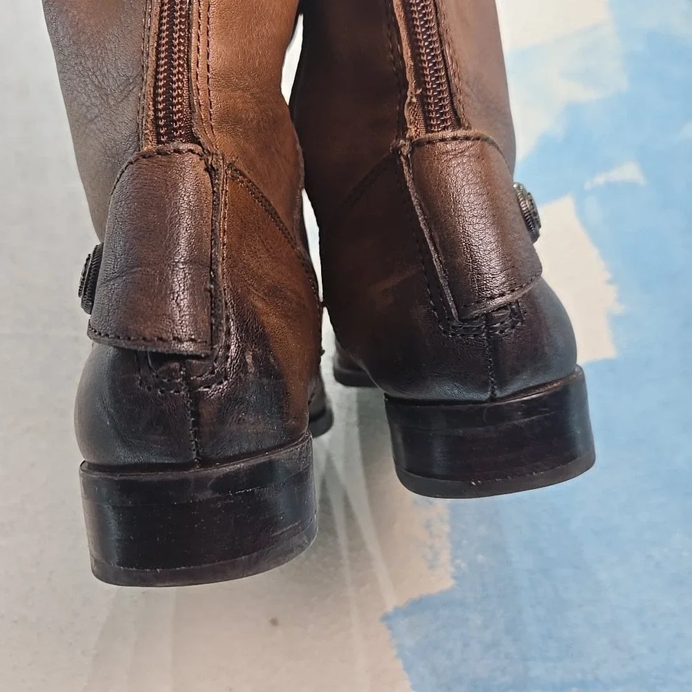 ARTURO CHIANG Women's Size 6 Brown Leather Tall Riding Boots Brass‎ Buttons GUC